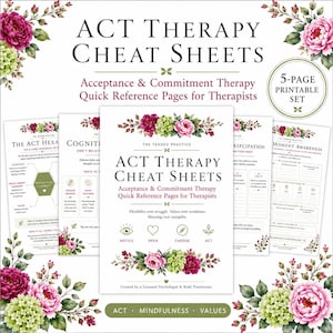 Puede incluir: Un conjunto de hojas de trucos imprimibles de terapia ACT con detalles florales. Las páginas incluyen guías de referencia rápida para terapeutas, con el texto "Acceptance & Commitment Therapy". El diseño presenta flores rosas y verdes.