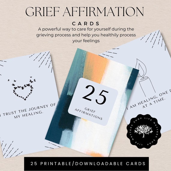 25 Grief Affirmation Cards, Mental Health Printable (Canva)