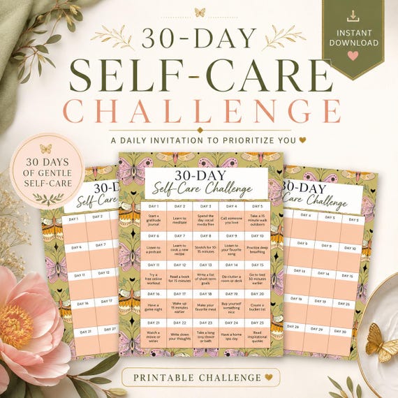 30-Day Self-Care Challenge Tracker, Wellness Printable (PDF)