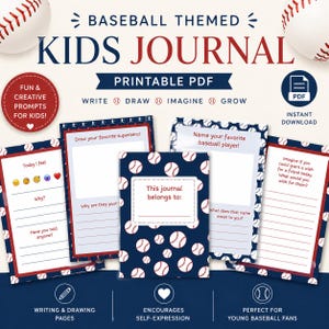 Puede incluir: Un diario infantil con temática de béisbol con una cubierta azul marino con pelotas de béisbol. El diario incluye indicaciones para escribir, dibujar e imaginar. El texto dice "PDF imprimible" y "Descarga instantánea".