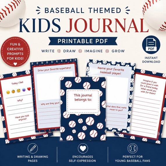 Baseball Kids Journal | Gratitude, Mindfulness Prompts (PDF)