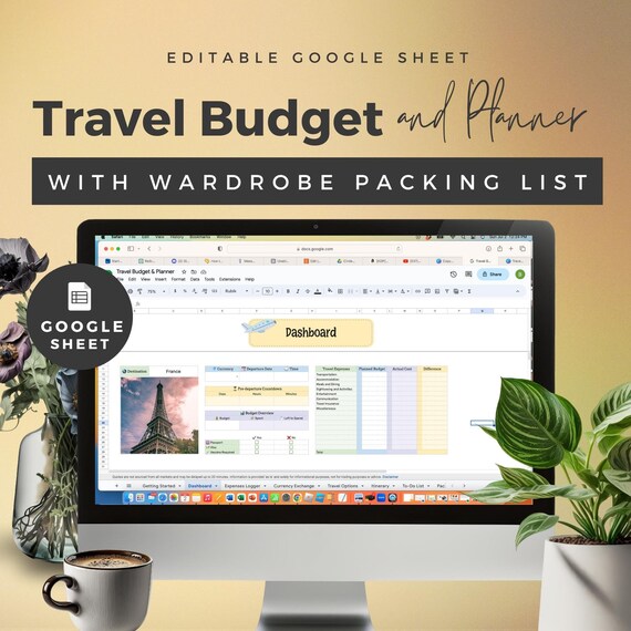 Travel Itinerary Template, Budget, Packing List, Google Sheets (Digital Download)
