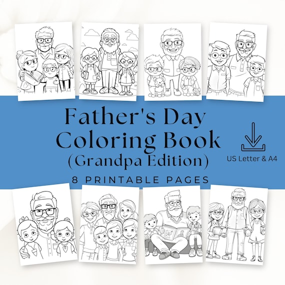 Father's Day Coloring Pages, Grandpa & Grandchildren, 8 Pages (Instant Download)