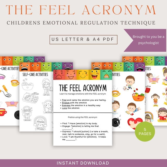 Children's Emotional Regulation Worksheets, FEEL Acronym, Coping Skills (Digital Download)