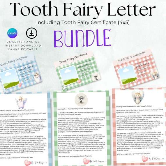 Printable Tooth Fairy Letter and Certificate, Editable Canva Template (PDF)