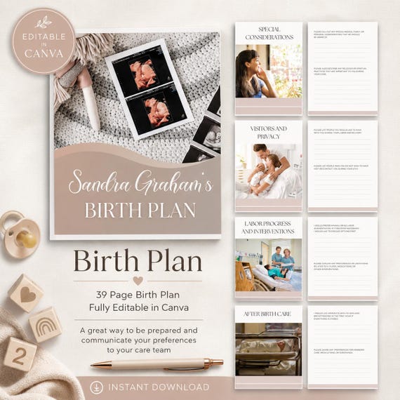 Editable Birth Plan Template, Natural Birth, Canva (PDF)
