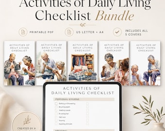 May include: Activities of Daily Living Checklist Bundle featuring five printable covers with watercolor illustrations of seniors performing daily tasks and a digital checklist page with sections for personal hygiene and dressing tasks.