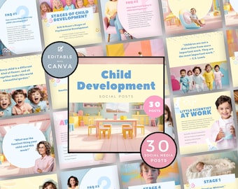 May include: A collection of 30 social media posts on child development, featuring colorful graphics and text. The posts cover topics like stages of development, FAQs, and activities. The central image shows a child's playroom with a table and chairs.