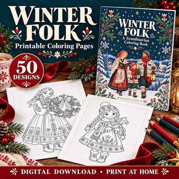 Scandinavian Winter Folk Art Coloring Book, 50 Nordic Designs (Digital Download)