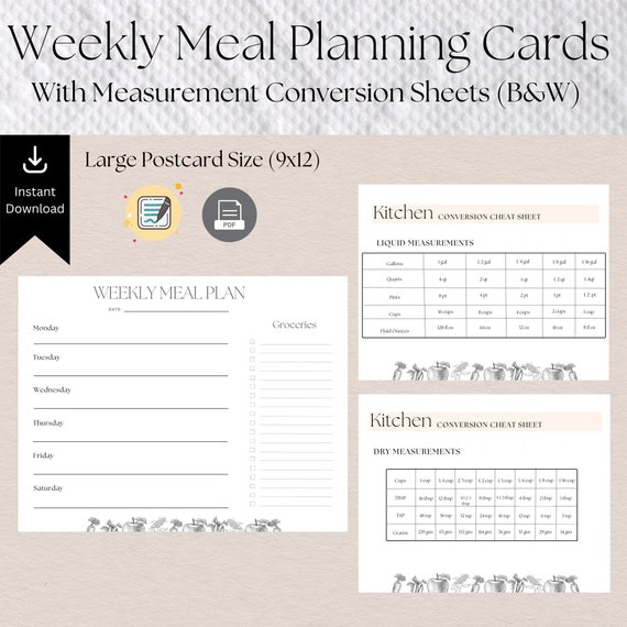 Weekly Meal Plan Sheets, Recipe Builder, Kitchen Conversions (Digital Download)