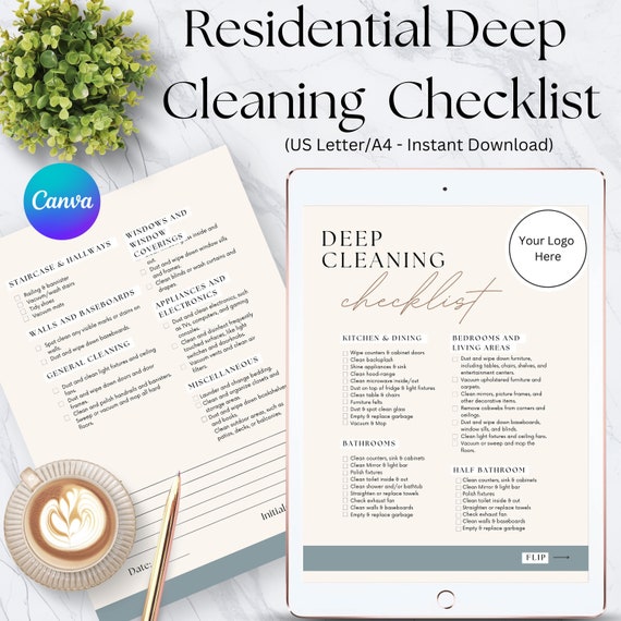 Residential Deep Cleaning Checklist, Canva Template (Digital Download)