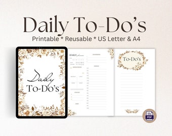 Golden Blooms To-Do List Printable, Daily Planner (PDF)