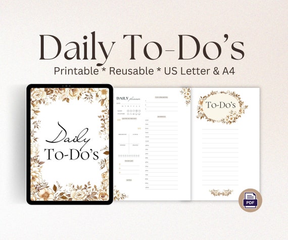 Golden Blooms To-Do List Printable, Daily Planner (PDF)