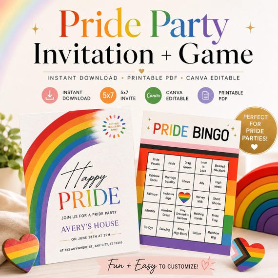 Pride Party Invitation & Bingo | Rainbow Theme (PDF Printable)