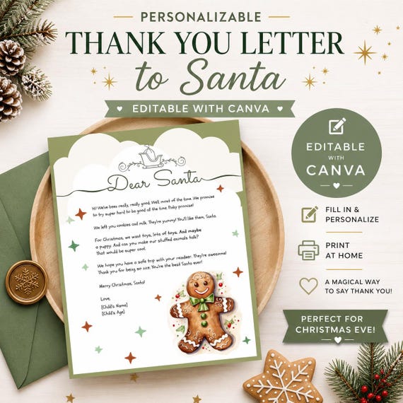 Personalized Santa Letter, Dear Santa, Message to Santa, Canva, Letter To Santa, Thank you Note To Santa, Customizable Letter to North Pole