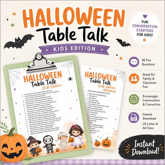 Halloween Table Topics, Jokes and Quiz for Kids (Printable)