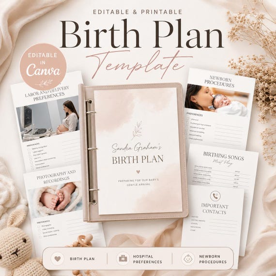 Printable Birth Plan Template, Labor & Delivery Preferences (Canva Editable)