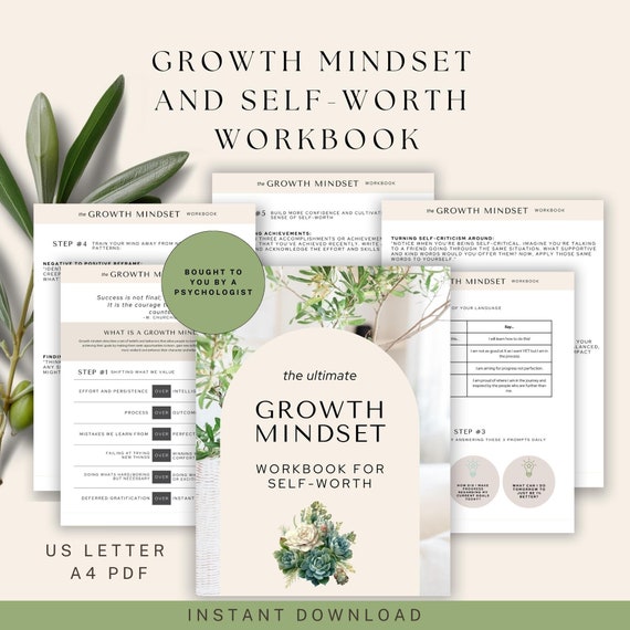 Growth Mindset Workbook for Adults, Self-Worth, Therapy Resources (PDF)