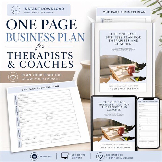 One Page Business Plan For Coaching/Therapy Practices, Business Plan Proposal, Business Idea Worksheet, Business Plan, US and UK letter size