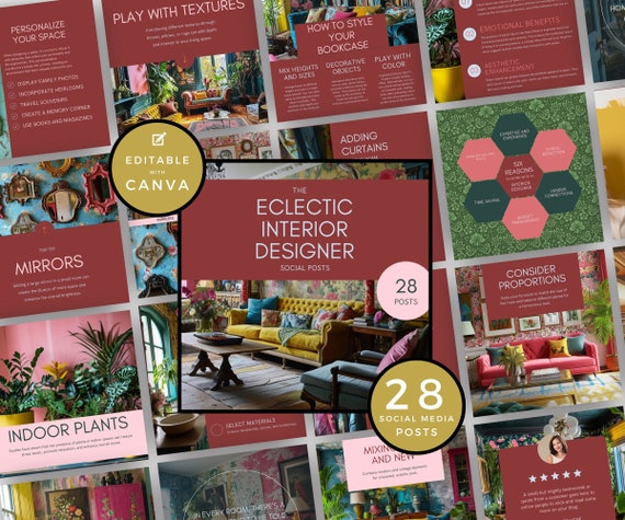 Interior Design Social Media Templates, Eclectic Style (Canva Editable)