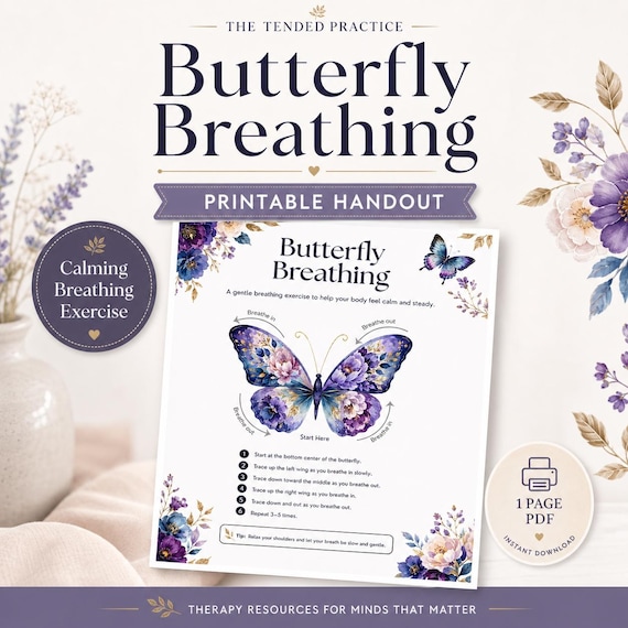 Anxiety Relief Cheat Sheet: Grounding Techniques, Coping Skills, Stress Relief, Mental Health Butterfly Breathing