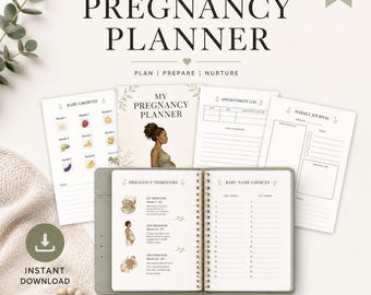 Puede incluir: Un planificador de embarazo con el texto "My Pregnancy Planner" y las palabras "Plan | Prepare | Nurture". El planificador incluye secciones para el crecimiento del bebé, registros de citas, diarios semanales, trimestres de embarazo y opciones de nombres de bebés.