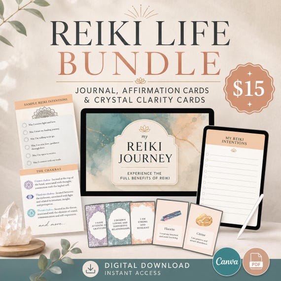 Reiki Journal Bundle – Crystal & Affirmation Cards (Digital Printable)