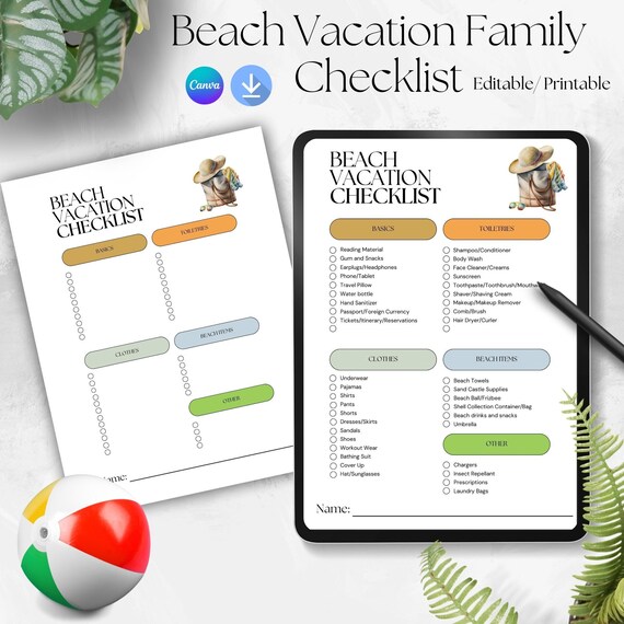 Family Beach Vacation Packing Checklist | Canva Template (Digital Download)