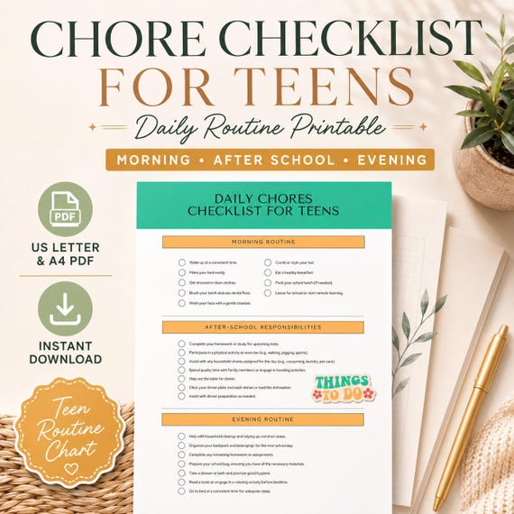 Teen Daily Chore Chart | Printable Responsibility Checklist (PDF)
