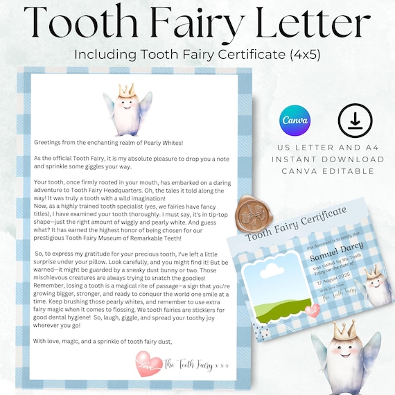 Printable Tooth Fairy Letter & Certificate, Editable Canva Template (PDF)