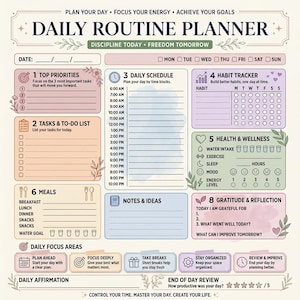 Peut inclure: Une feuille de planning quotidien avec des sections pour les priorités, les tâches, un emploi du temps, un suivi des habitudes, la santé, les repas, des notes et la gratitude. Le design présente des couleurs pastel et des motifs floraux.