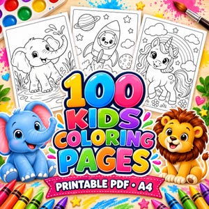 Peut inclure: Un ensemble de 100 pages de coloriage imprimables au format PDF, taille A4. Le lot présente des dessins au trait noir et blanc d'un éléphant, d'une fusée et d'une licorne, avec un titre graphique coloré indiquant 100 KIDS COLORING PAGES.