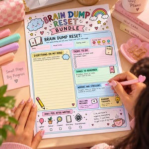 May include: A Brain Dump Reset Bundle planner sheet with pastel colors, featuring sections for tasks, worries, and random thoughts. The page includes a rainbow, clouds, and hearts, with text prompts for daily planning, mood tracking, and energy levels.