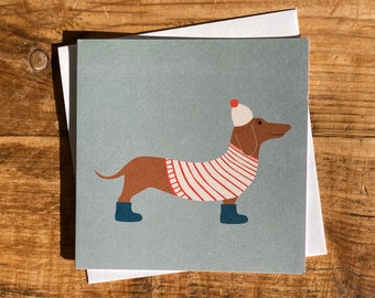 Wellie Boots Dachshund greetings card