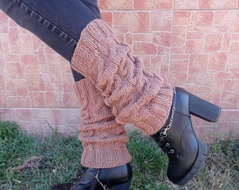 Knitted wool leg warmers, hand knitted brown boot cuffs for women, one size soft and cozy legwarmers