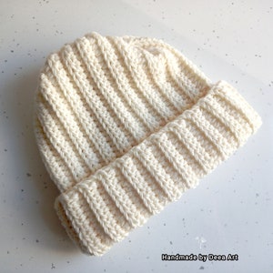 Crochet merino wool hat, soft and cozy white cream beanie for women, handcrafted one size winter hat, perfect gift for women