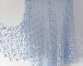 Crochet blue bridal shawl, elegant and fancy scarf, stylish accessory for every wedding, mohair and silk wrap, scarf for wedding