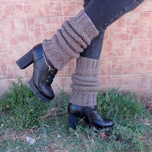 Knitted wool leg warmers, hand knitted dark brown boot cuffs for women, one size soft and cozy legwarmers