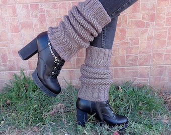 Calentadores de piernas de lana de punto, puños de botas de color marrón oscuro tejidos a mano para mujer, calentadores de piernas suaves y acogedores de una talla