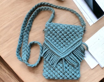 SCHOUDERBAND, Mobiele telefoon tas, macramé schoudertas, schoudertas, mobiele telefoon tas macramé tas cadeau idee