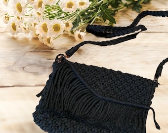 Pocheté été ,sac a main été,sac à bandoulière en macramé, sac a main macrame, sac a main coton, sac a main noir, fait a main , cadeau