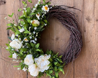 Birch Twig Cream Peony Wreath, Front Door Wreath, Wall Decor, Housewarming Gift