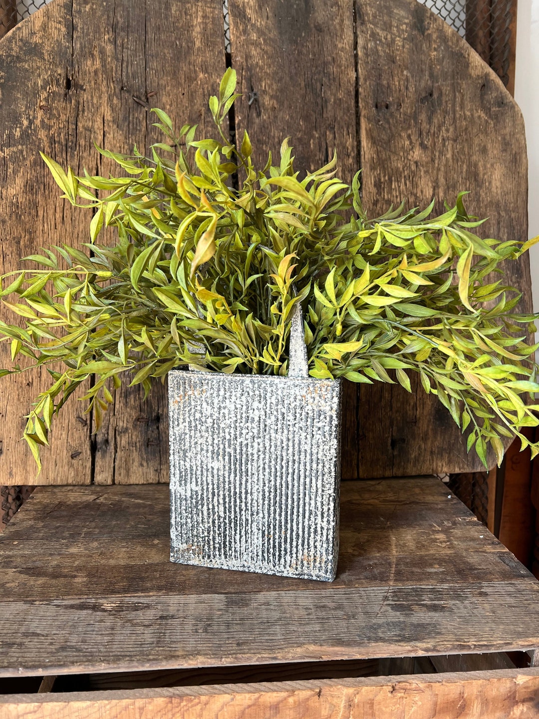 Rustic Metal Market Basket With Smilax Greens, Everyday Greenery Arrangement, Country Decor