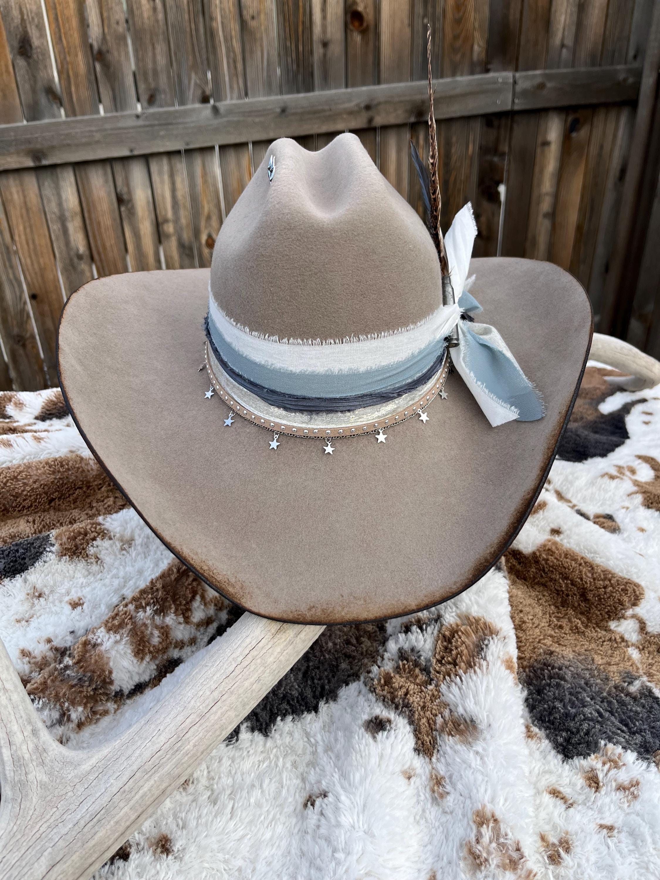 Tan Cowboy Hat turquoise accents One Of A Kind Cowboy Hat - Tan with Distressed Effect - Size  main image 4