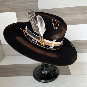 Black N Brass | Custom Hat, Custom Burned Hat, Wide Brim Hat, Rock and Roll, Custom Fedora, Western Hat, Cowboy Hat, Rocker, Custom Felt Hat