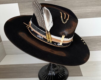 Schwarz N Messing | Benutzerdefinierte Hut, Custom Gebrannte Hut, Hut mit breiter Krempe, Rock'n' Roll, Custom Fedora, Western Hut, Cowboy Hut, Rocker, Custom Filzhut