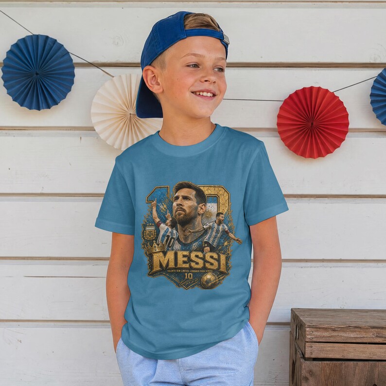May include: A blue short-sleeved t-shirt featuring a graphic print of Lionel Messi. The design includes the name MESSI in large gold letters, the number 10, a soccer ball, and multiple images of the athlete in an Argentina soccer jersey.