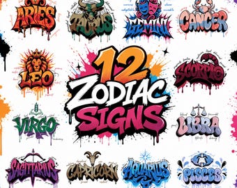 Zodiac Graffiti PNG Bundle, 12 Astrology Signs Street Art (Digital Download)