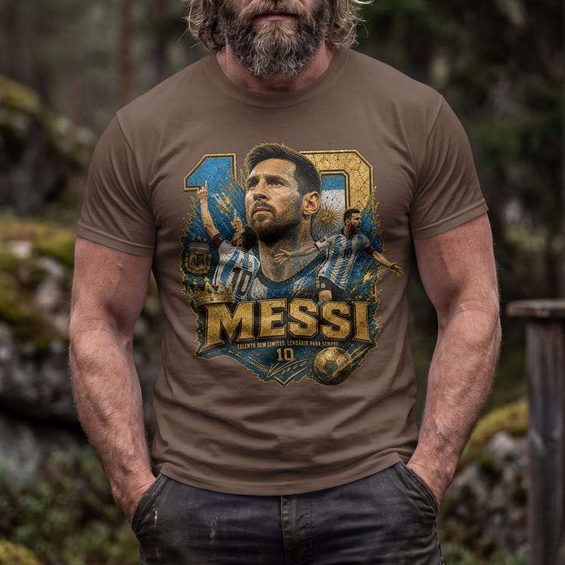 May include: A brown short-sleeved t-shirt featuring a graphic print of Lionel Messi. The design includes the number 10, the name MESSI in gold lettering, and images of the player in an Argentina jersey against a blue and gold background.