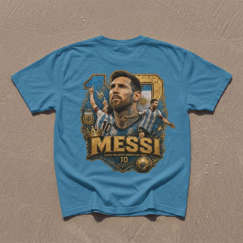 May include: A light blue t-shirt featuring a graphic print of Lionel Messi. The design includes the number 10, a portrait of the player, action shots in an Argentina jersey, a gold crown, a soccer ball, and the text MESSI, TALENTO SEM LIMITES, LEND&Aacute;RIO PARA SEMPRE.